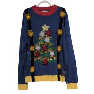 Tipsy Elves Ugly Christmas Sweater Mens Size Large Blue Tinsel Balls Suspenders